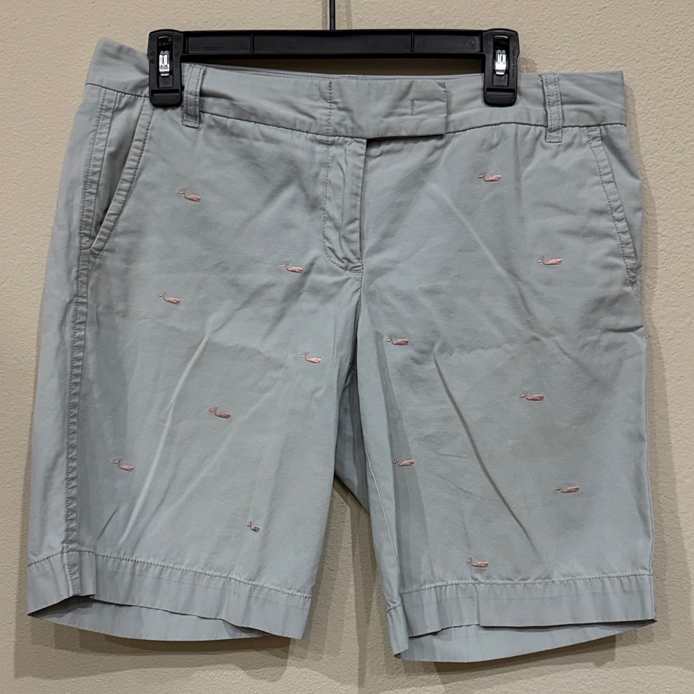 Women's J. Crew Bermuda Shorts Light Gray with Embroidered Pink Whales Size 10